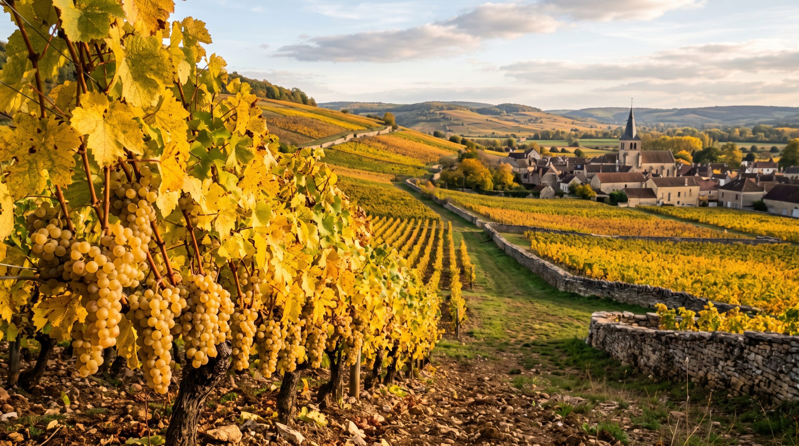 Vignes de chardonnay en automne, feuillage doré, mur de pierre sèche et village bourguignon en arrière-plan