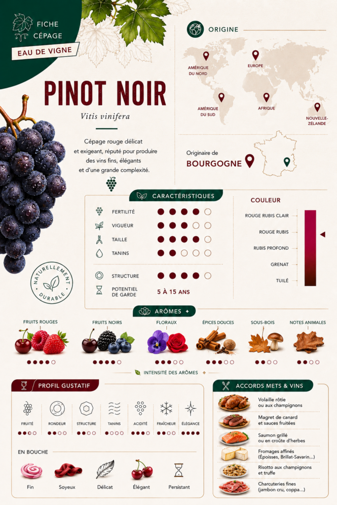 Fiche cépage Eau de Vigne du pinot noir : origine, caractéristiques, échelle de couleur, profil aromatique et accords mets-vins