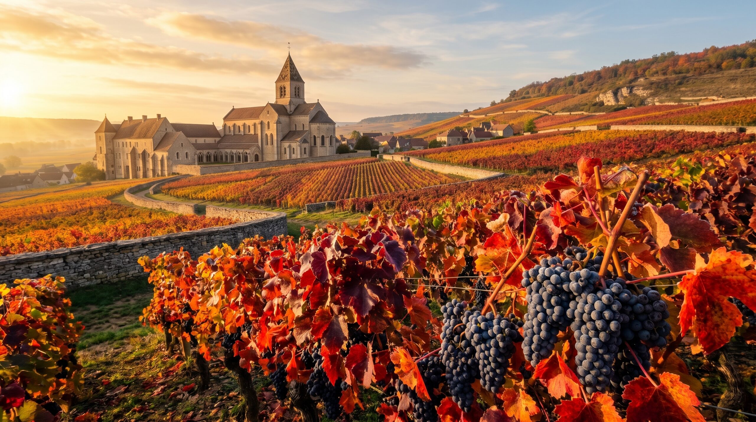 Vignes de pinot noir en automne au lever du soleil, grappes bleu-noir au premier plan, abbaye romane et coteau calcaire en arrière-plan