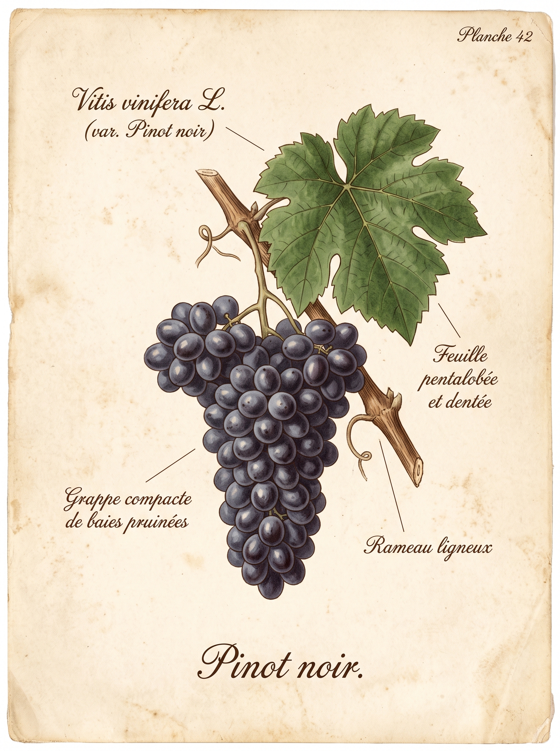 Planche ampélographique du pinot noir : grappe compacte de baies pruinées, feuille pentalobée et dentée, rameau ligneux annotés