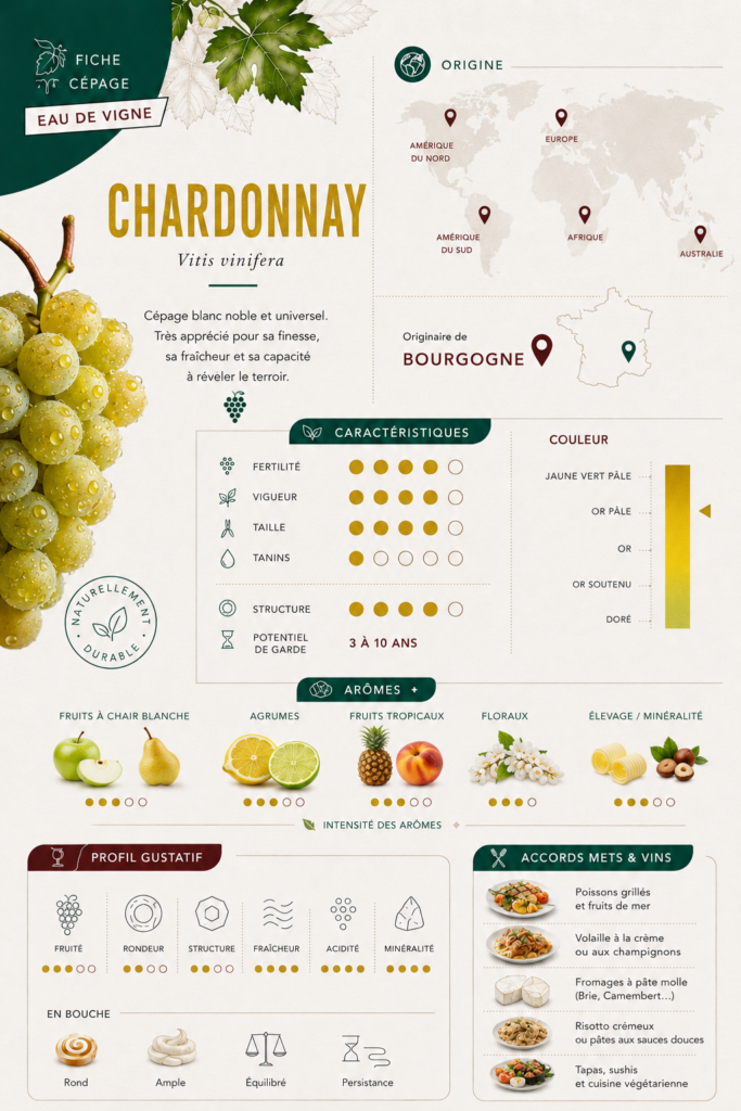 Fiche cépage Eau de Vigne du chardonnay : origine, caractéristiques, échelle de couleur et profil aromatique