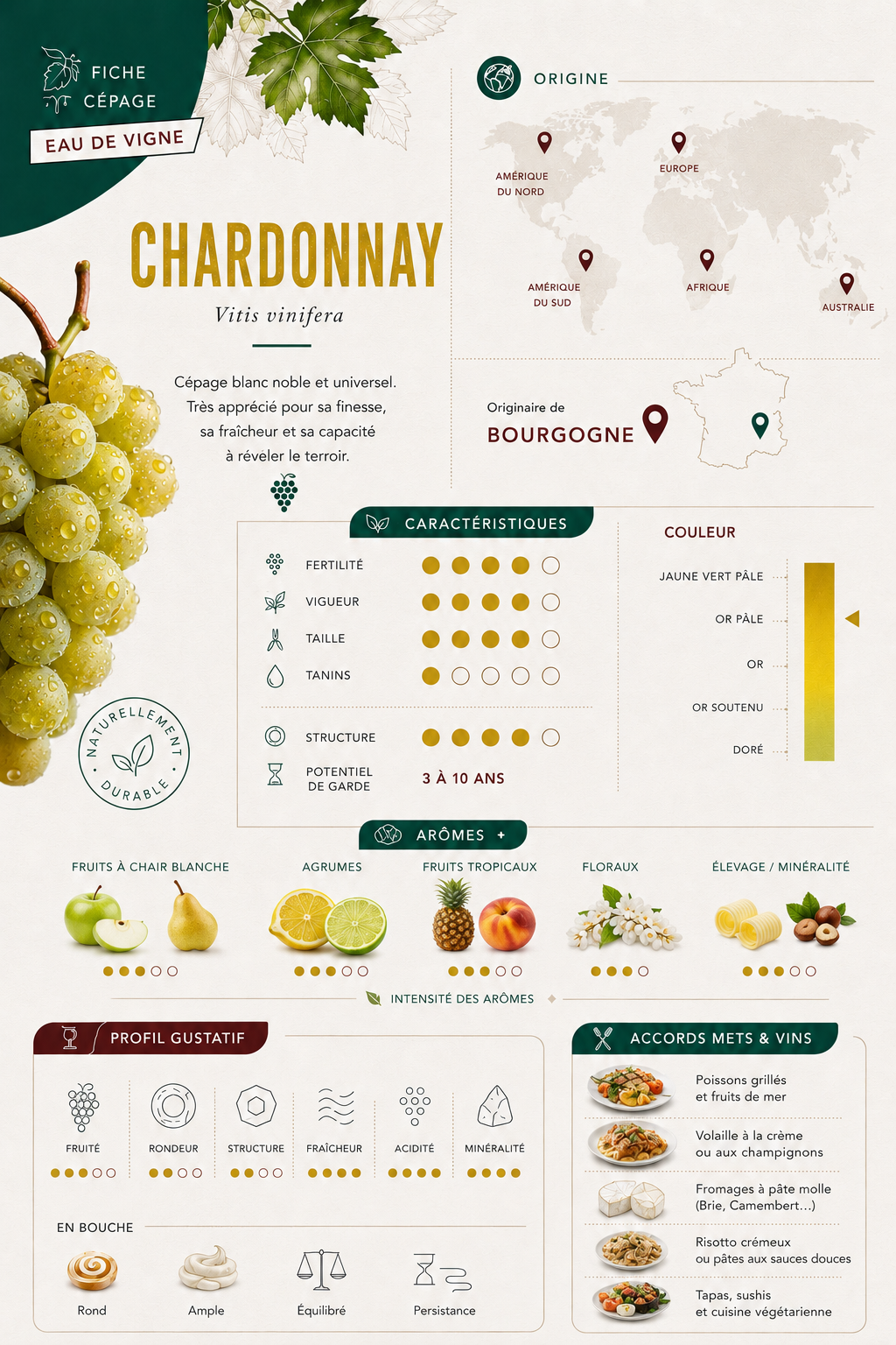 Fiche cépage Eau de Vigne du chardonnay : origine, caractéristiques, échelle de couleur et profil aromatique