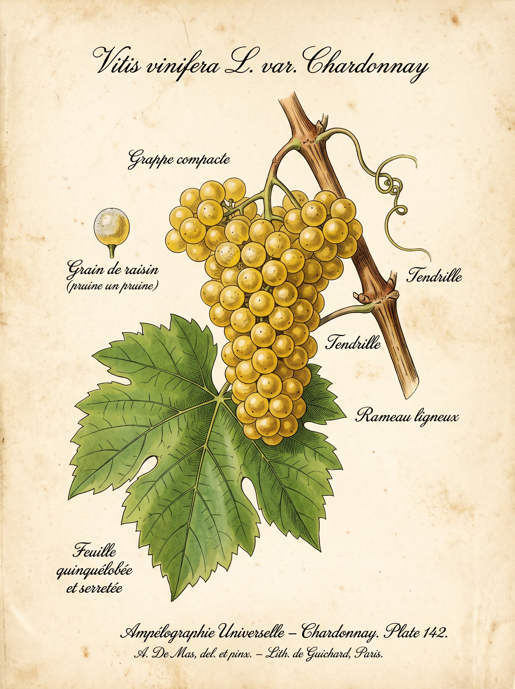 Planche ampélographique du chardonnay : grappe compacte, grain de raisin pruiné, tendrilles et rameau ligneux annotés