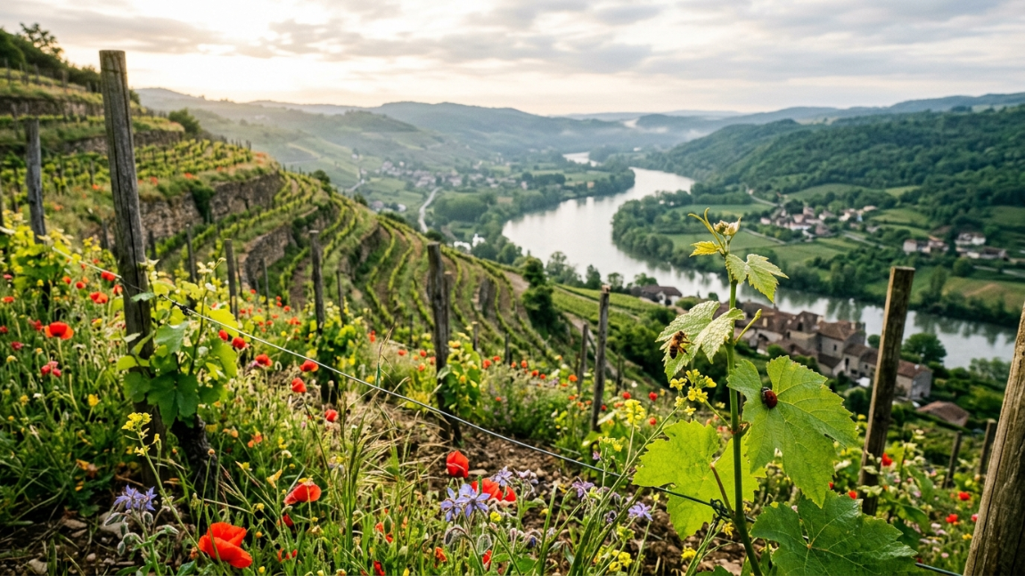 Vignoble en coteaux au-dessus d'une rivière, coquelicots et fleurs sauvages entre des rangs de vigne enherbés.