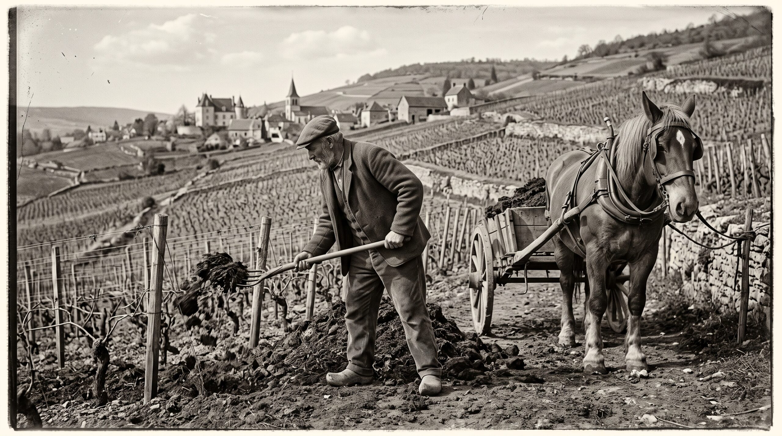 Photographie ancienne en noir et blanc : un vigneron laboure sa vigne au cheval, devant un village.