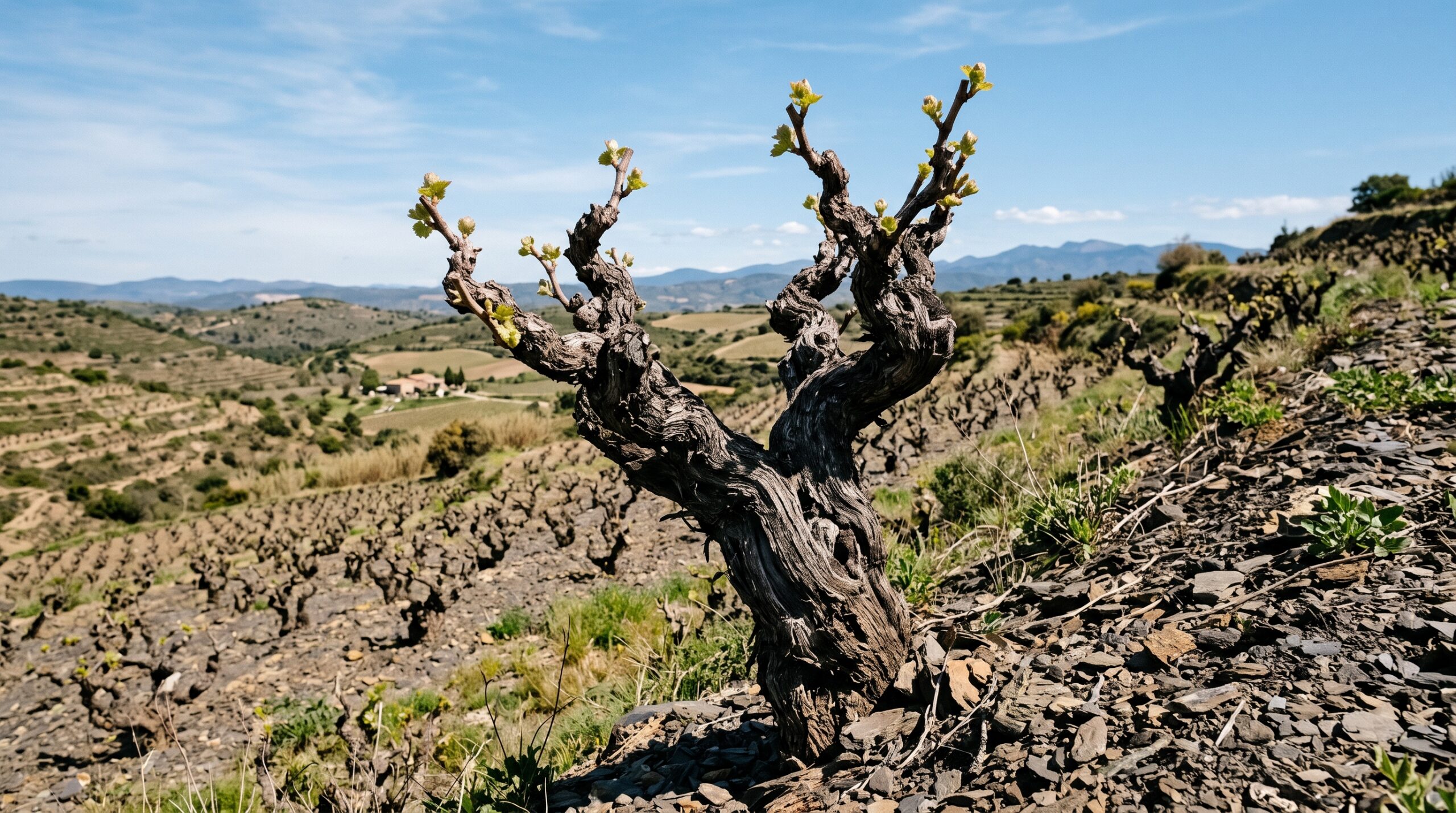 Vieille souche de vigne en gobelet, noueuse, plantée dans un sol de schiste, au débourrement.