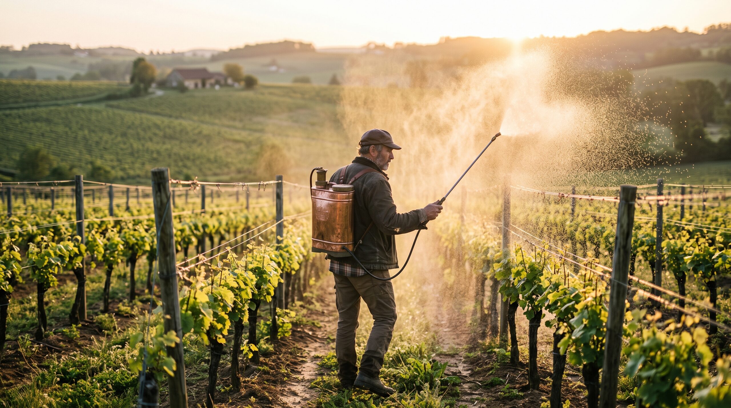 Vigneron traitant sa vigne au pulvérisateur à dos, à contre-jour, entre deux rangs enherbés.