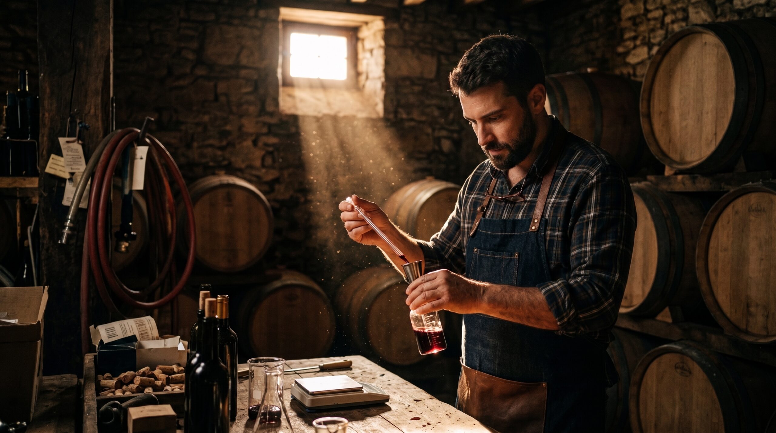 Vigneron au chai, entre deux rangées de barriques, prélevant un échantillon de vin à la pipette.