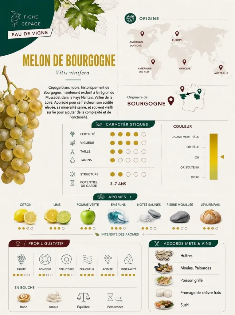 Fiche cépage Eau de Vigne du melon de Bourgogne : palette schiste-gris et vert pâle, feuille ronde à cinq lobes